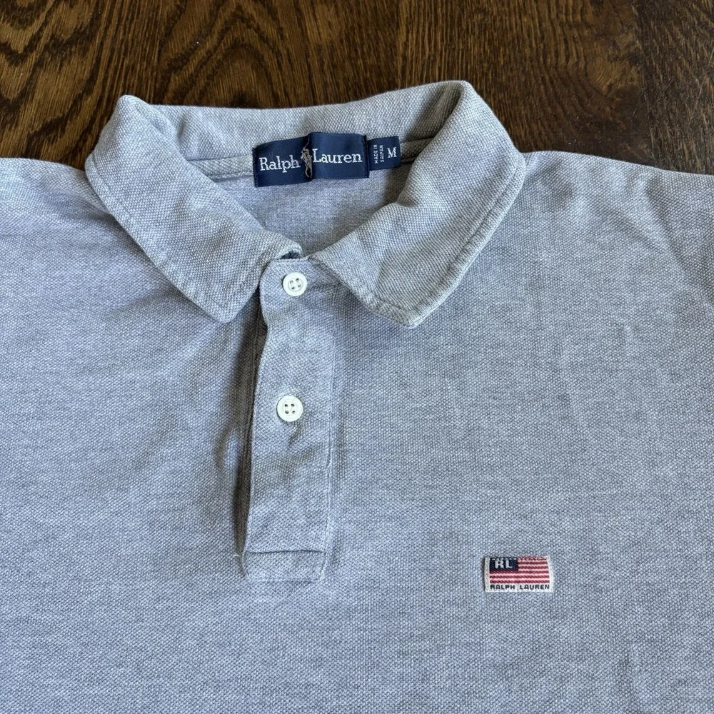Vtg 90s Ralph Lauren USA Flag Patch Polo Shirt Mens M Gray Short Sleeve Heavy